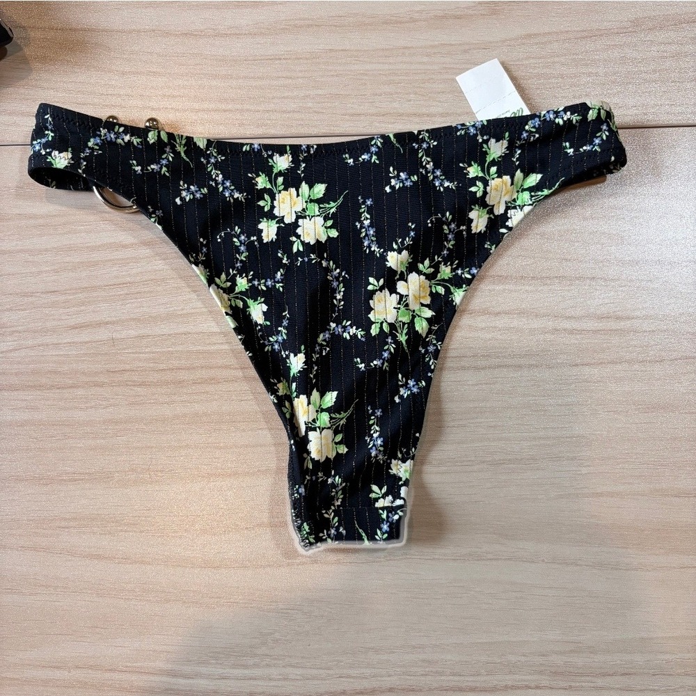Aerie Floral Pinstripe Metallic Ring Cheeky Bikini Bottom Womens XS Black Swim - Picture 3 of 6